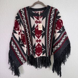Raga Poncho Womens Extra Small Southwest Aztec Fringe Blanket Sweater Kimono NEW